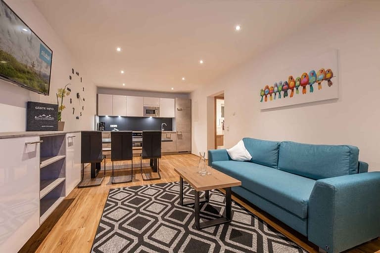 Appartement Finn - Eine ausziehbare Couch, eine voll ausgestattete Küche und Zugang zum Garten und Außenbereich.